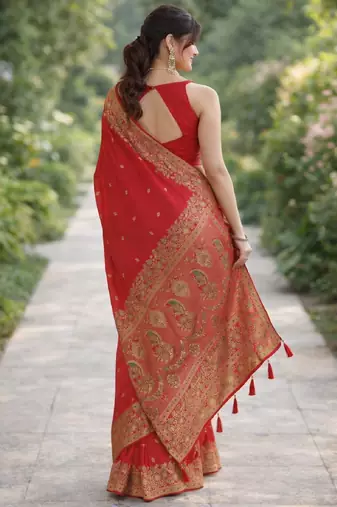 Red silk blend banarasi saree with unstitched blouse piece
