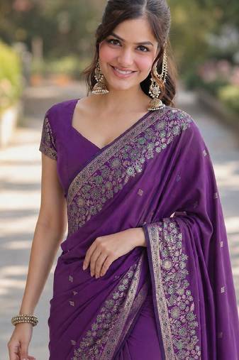 Purple soft silk banarasi jacuard work designer party wear saree with unstitched blouse piece