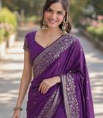 Purple silk blend banarasi saree with unstitched blouse piece