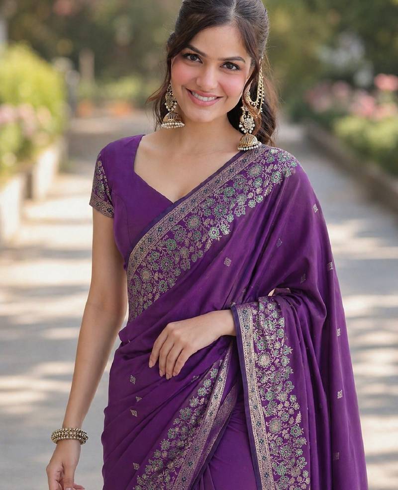 Purple soft silk banarasi jacuard work designer party wear saree with unstitched blouse piece
