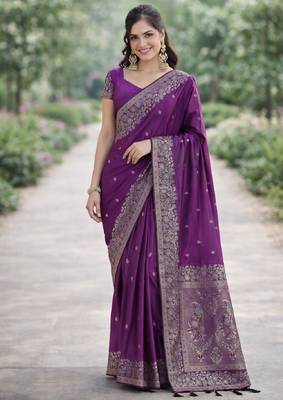 Purple silk blend banarasi saree with unstitched blouse piece 3