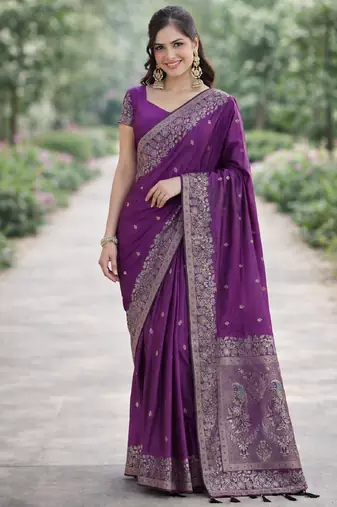 Purple silk blend banarasi saree with unstitched blouse piece