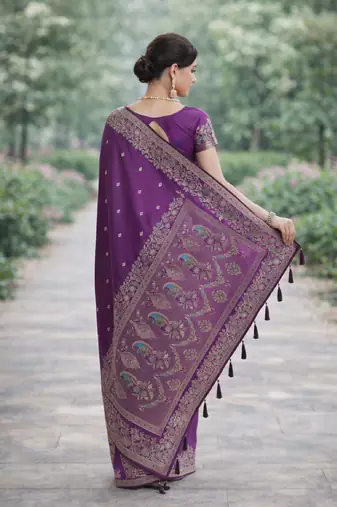 Purple silk blend banarasi saree with unstitched blouse piece