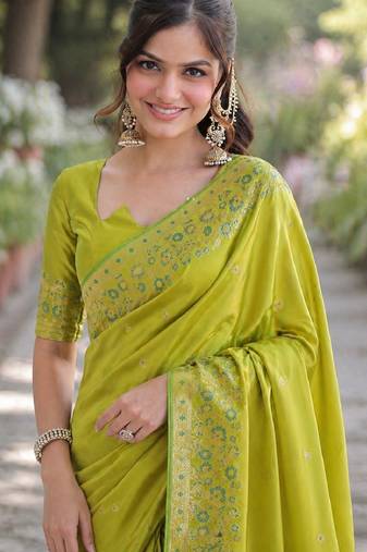 Parrot green soft silk banarasi jacuard work designer party wear saree with unstitched blouse piece