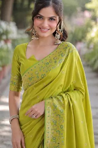 Parrot green silk blend banarasi saree with unstitched blouse piece