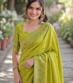 Parrot green silk blend banarasi saree with unstitched blouse piece