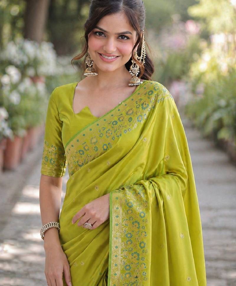 Parrot green soft silk banarasi jacuard work designer party wear saree with unstitched blouse piece