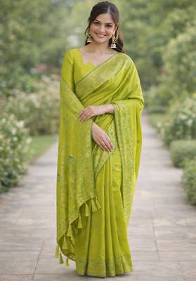 Parrot green silk blend banarasi saree with unstitched blouse piece 3