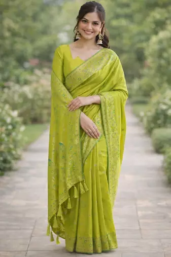 Parrot green silk blend banarasi saree with unstitched blouse piece