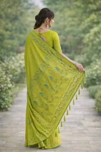 Parrot green silk blend banarasi saree with unstitched blouse piece