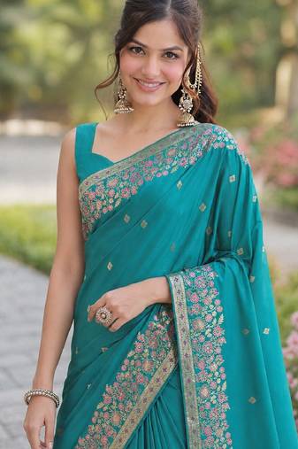 Rama soft silk banarasi jacuard work designer party wear saree with unstitched blouse piece