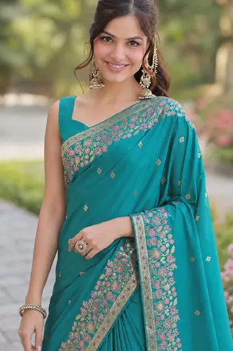 Rama silk blend banarasi saree with unstitched blouse piece