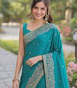 Rama silk blend banarasi saree with unstitched blouse piece