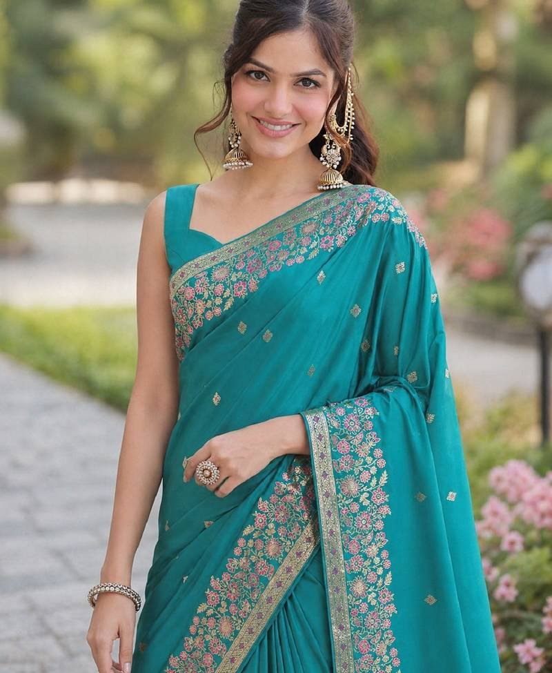 Rama soft silk banarasi jacuard work designer party wear saree with unstitched blouse piece