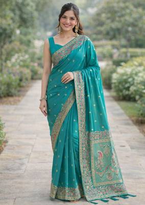 Rama silk blend banarasi saree with unstitched blouse piece 3
