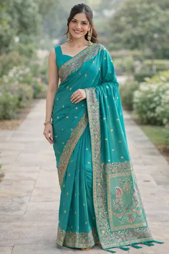 Rama silk blend banarasi saree with unstitched blouse piece