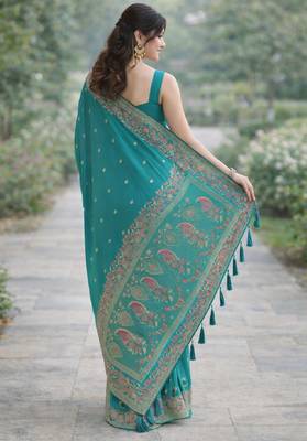 Rama silk blend banarasi saree with unstitched blouse piece 4