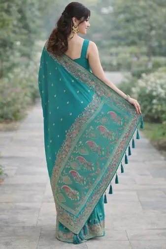Rama silk blend banarasi saree with unstitched blouse piece