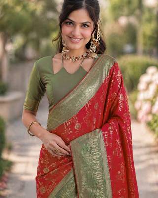 Red silk blend banarasi saree with unstitched blouse piece 1
