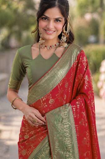 Red soft silk banarasi jacuard work designer party wear saree with unstitched blouse piece