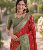 Red silk blend banarasi saree with unstitched blouse piece