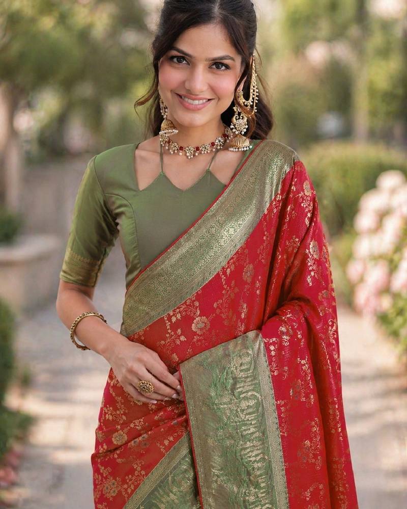 Red soft silk banarasi jacuard work designer party wear saree with unstitched blouse piece