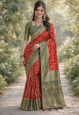 Red silk blend banarasi saree with unstitched blouse piece 3
