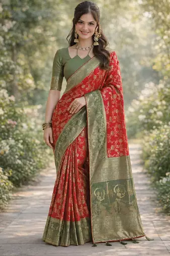 Red silk blend banarasi saree with unstitched blouse piece