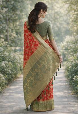Red silk blend banarasi saree with unstitched blouse piece 4