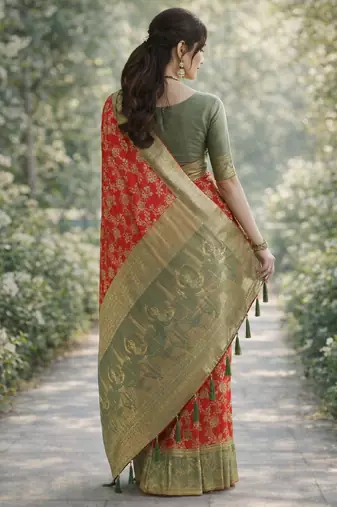 Red silk blend banarasi saree with unstitched blouse piece
