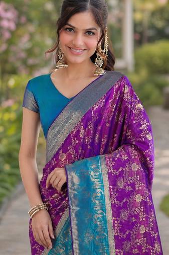 Purple soft silk banarasi jacuard work designer party wear saree with unstitched blouse piece