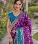 Purple silk blend banarasi saree with unstitched blouse piece