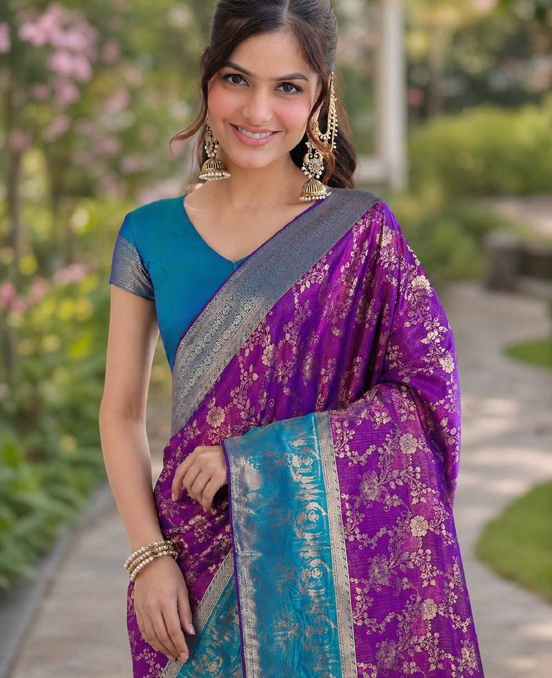 Purple soft silk banarasi jacuard work designer party wear saree with unstitched blouse piece
