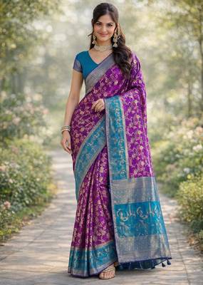 Purple silk blend banarasi saree with unstitched blouse piece 3