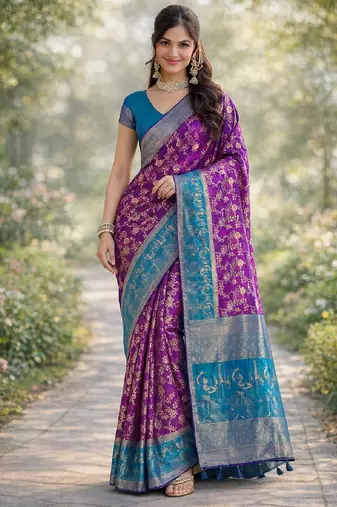 Purple silk blend banarasi saree with unstitched blouse piece