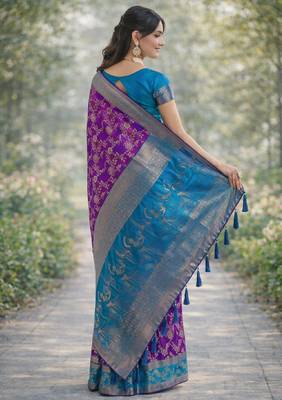 Purple silk blend banarasi saree with unstitched blouse piece 4