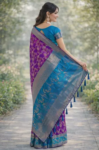 Purple silk blend banarasi saree with unstitched blouse piece