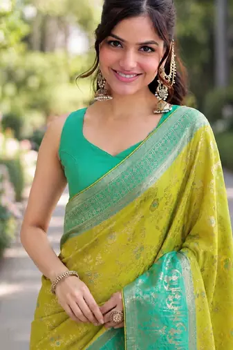 Parrot green silk blend banarasi saree with unstitched blouse piece