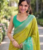 Parrot green silk blend banarasi saree with unstitched blouse piece