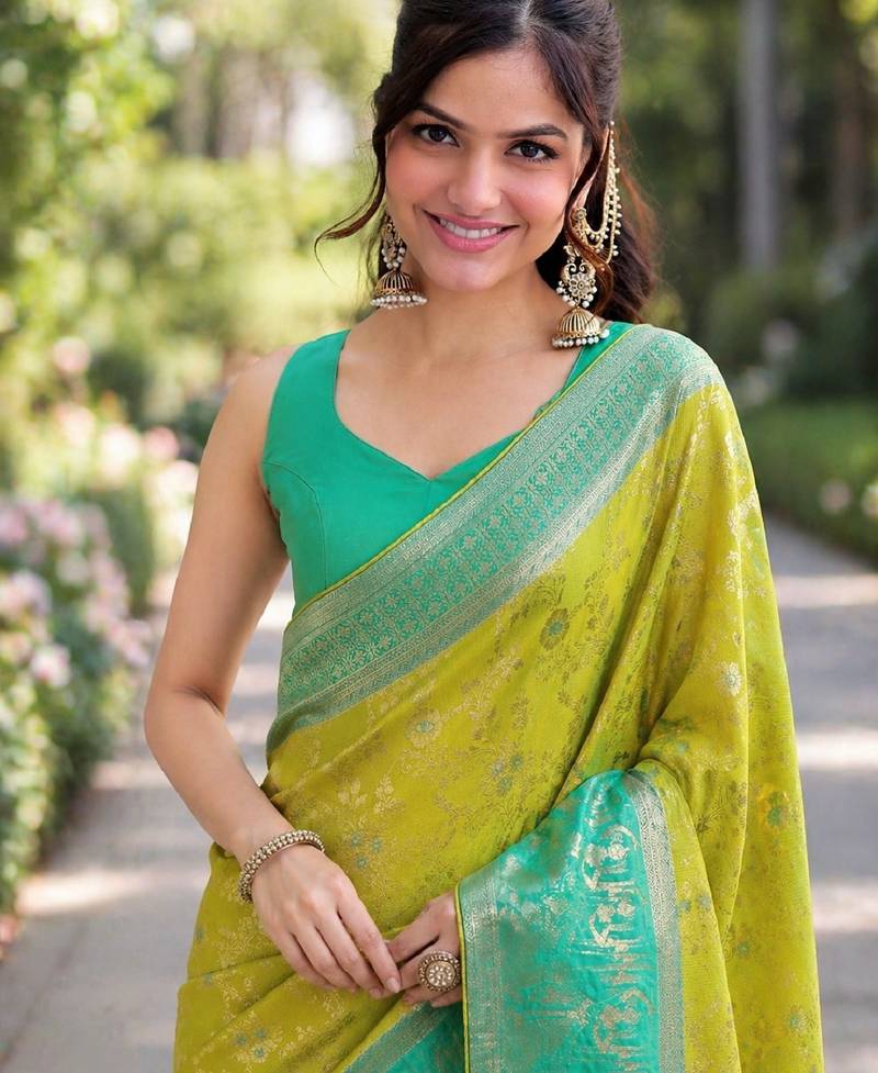 Parrot green soft silk banarasi jacuard work designer party wear saree with unstitched blouse piece
