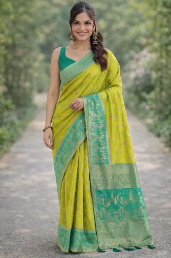 Parrot green silk blend banarasi saree with unstitched blouse piece