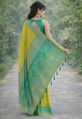 Parrot green silk blend banarasi saree with unstitched blouse piece 4