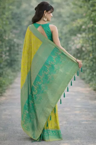 Parrot green silk blend banarasi saree with unstitched blouse piece