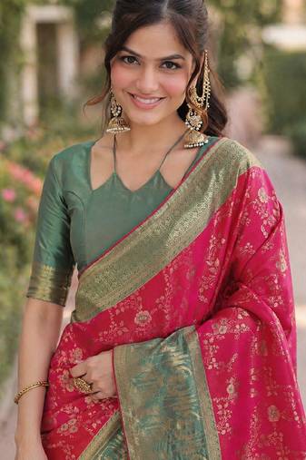 Pink soft silk banarasi jacuard work designer party wear saree with unstitched blouse piece