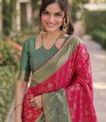 Pink silk blend banarasi saree with unstitched blouse piece