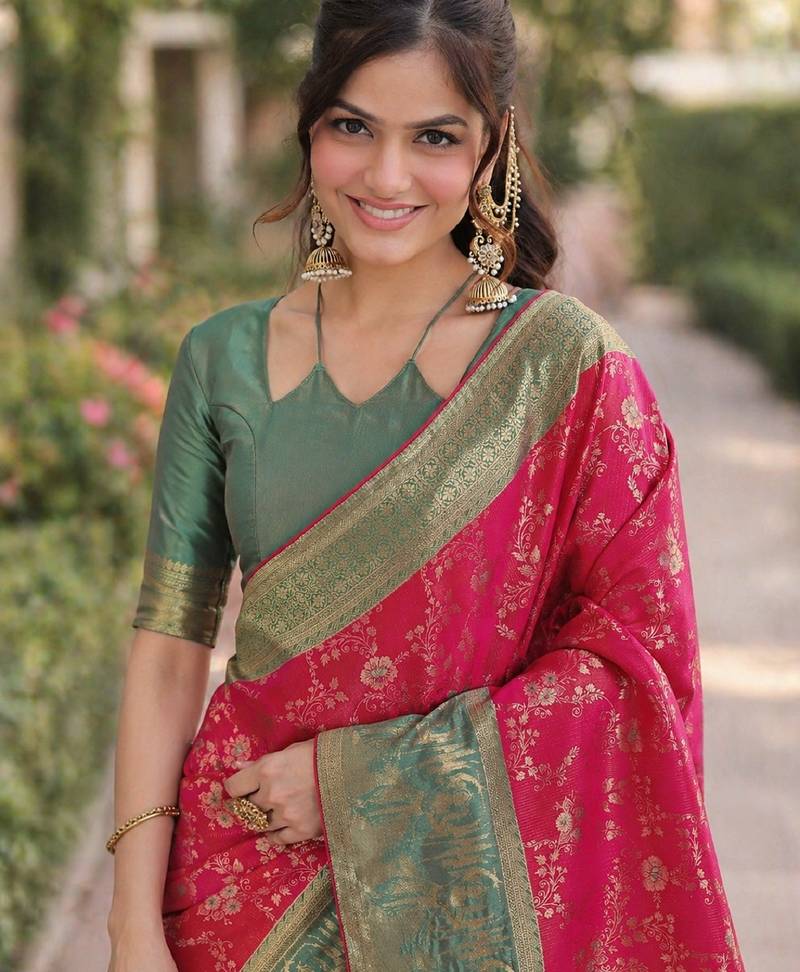 Pink soft silk banarasi jacuard work designer party wear saree with unstitched blouse piece
