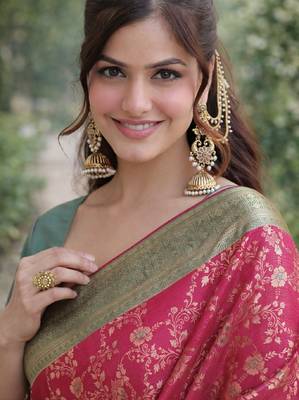 Pink silk blend banarasi saree with unstitched blouse piece 2