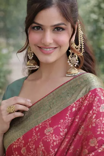 Pink silk blend banarasi saree with unstitched blouse piece