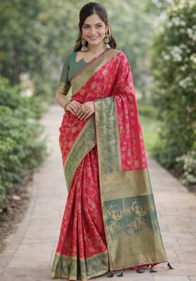 Pink silk blend banarasi saree with unstitched blouse piece 3