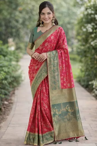 Pink silk blend banarasi saree with unstitched blouse piece